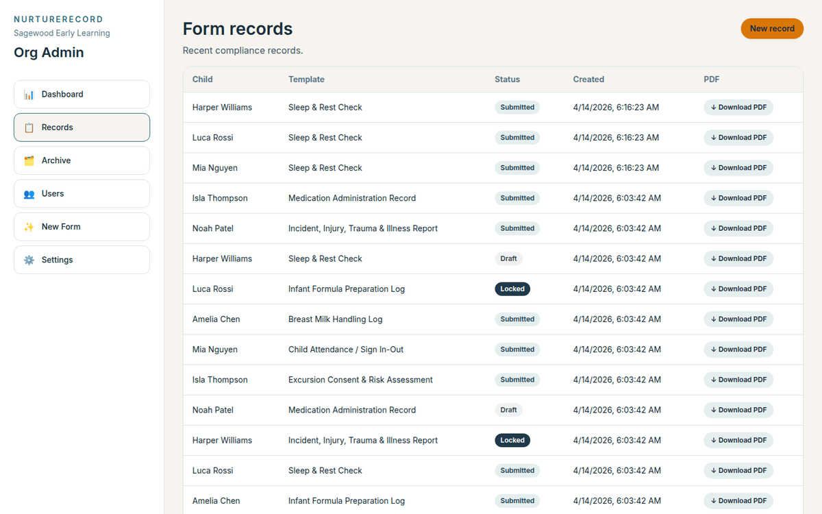 Records list with status & PDF download